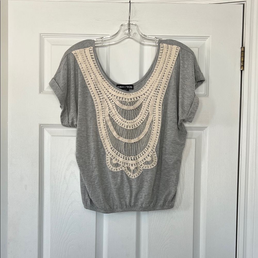 Living Doll Gray Top with Cream Detailing